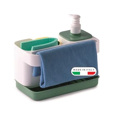Imagen de Snips 000380 Dispensador de Jabón con Soporte para Esponjas y Guantes, Blanco Verde, 21 x 12 18 cm, 400 ml, Organizador Fregadero, Made in Italy, Plastic