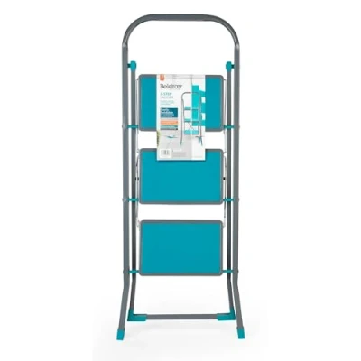 Imagen de Beldray, LA024510TQ Escalera Plegable Con 3 Peldaños Antideslizantes, Aleación De Acero, Aproximadamente 2,5 Metros Altura, Un Diseño Compacto, Turquesa/Gris