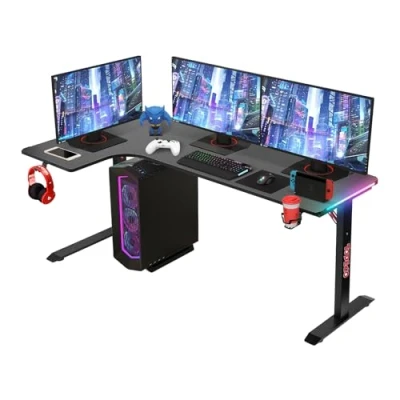 Imagen de Todeco Escritorio en Forma de L, Mesa Gaming 160x100 cm con LED, Tablero Fibra Carbono, Portavasos y Gancho para Auriculares