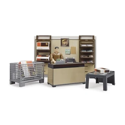 Imagen de bruder 62250 Bworld UPS Paketshop con mostrador, balanza para paquetes, caja de alambre, empleados y estantería pared 1:16 Play set, Envío, Logística, Paquetería