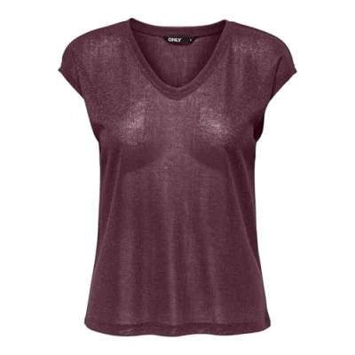 Imagen de ONLY Onlsilvery S/S V Neck Lurex Jrs Noos Top Básico Cuello O Mangas Cortas para Adolescentes Elegancia, Granate, S Mujeres