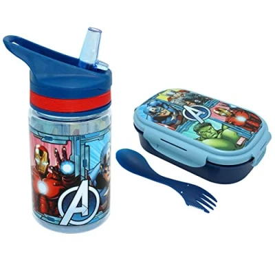 Imagen de 3 botellas de agua Tritan los Vengadores, caja aperitivos plástico superhéroe con tenedor para niños escolares, 100% no tóxica y libre BPA, sándwich apta microondas