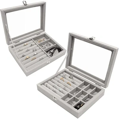 Imagen de Bigxin 2Pcs Bandejas de Joyas Organizador Anillos y Pendientes, Cajas para Estuche con 3 o 9 Compartimentos, Forro Terciopelo, Joyero Mujer Pendientes (20 * 15 4.5cm)