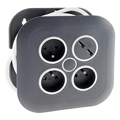 Imagen de Zenitech Enrollador doméstico 3 tomas 2P+T 16A + interruptor de circuito 2x USB 7 metros gris/blanco