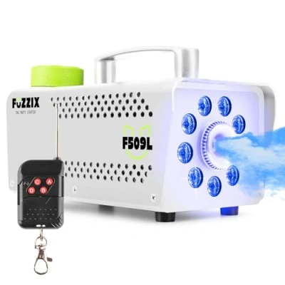 Imagen de Fuzzix F509LW Máquina de humo 9 LED RGB (rojo, verde y azul). Maquina con Control Remoto inalámbrico. Luces para Fiestas Halloween, Bodas, Escenarios, Discoteca, DJ. Blanco
