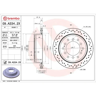 Imagen de BREMBO Disco de freno TOYOTA: Land Cruiser Prado 150, FJ Cruiser, Fortuner II, LEXUS: GX II 312mm 18mm 6 perforado/ventil. int. revestido 09.A334.2X