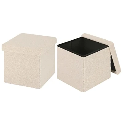 Imagen de eSituro Juego de 2 Taburete Plegable Otomano Asiento, Baúl Cuadrado, Puff para Almacenaje, Forro Polar Beige
