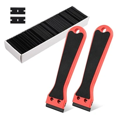 Imagen de 2 Piezas Rascador de Plástico con 100 Cuchillas Mango Largo, Ideal como Rasqueta para Quitar Pegatinas, Restos Adhesivo y Etiquetas, Vitrocerámica Uso Versátil (Rojo)