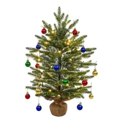 Imagen de Uten Arbol de Navidad, 60 cm Mini Árbol Navidad PE, con 18 Bolas Decorativas y 50 Cadenas Luces LED para Oficina, Salón, Alféizar Ventana, Escritorio Decoración Navideña
