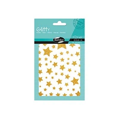 Imagen de Maildor Ref AE150C pegatinas brillantes (paquete de 2 hojas) Diseños estrellas Oro 16 x 10,5 cm, estampado en color brillante, contiene 151 total
