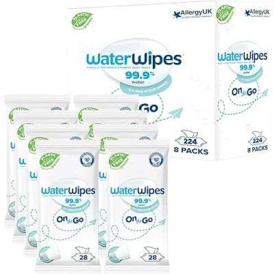 Imagen de WaterWipes Viaje Toallitas húmedas, 224 (8 Packs), húmedas con base 99% de Agua, Ideal para Viajes, diseñadas Rostro y Cuerpo
