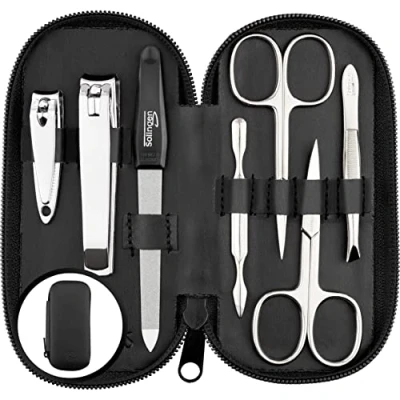 Imagen de marQus Set manicura de 7 piezas Solingen y pedicura en estuche piel con 2 tijeras, cortaúñas, lima, retira cutículas pinza, kit para hombre mujer
