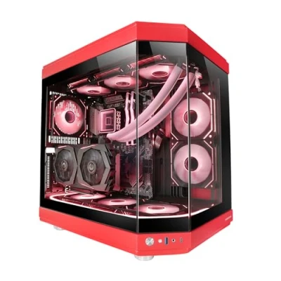Imagen de Mars Gaming MC 3T, Caja Custom ATX, Triple Ventana Cristal Templado Continuo, Soporte Refrigeración Líquida Completo, Cámara Dual Lateral, 3X Slots PCI Verticales, USB C y 3.0, Rojo