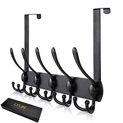 Imagen de LYLIN Perchero Puerta, Colgador Puerta en Acero Inoxidable con 15 Ganchos, Ganchos de para Dormitorio Baño Pasillo y Cocina (Negro, Espesor Menos 4.5 cm)