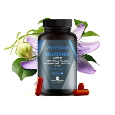 Imagen de Melatonina 1,9 mg Vecos para ayudar a conciliar el sueño Suplemento con L Triptófano, Valeriana, Pasiflora, Griffonia y Vitamina B6 90 cápsulas vegetales 100% Apto veganos