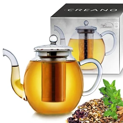 Imagen de Creano tetera de vidrio, vidrio 3 piezas con colador acero inoxidable integrado y tapa ideal para preparar tés sueltos, sin goteo, todo en uno Transparente 1.5L