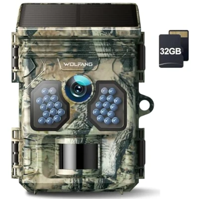 Imagen de WOLFANG Cámara de Caza Solar 4K 48MP, Camara Fototrampeo con Visión Nocturna, Disparo 0.1 s, IP66 Impermeable, para Monitoreo Vida Silvestre Tarjeta Micro SD 32GB