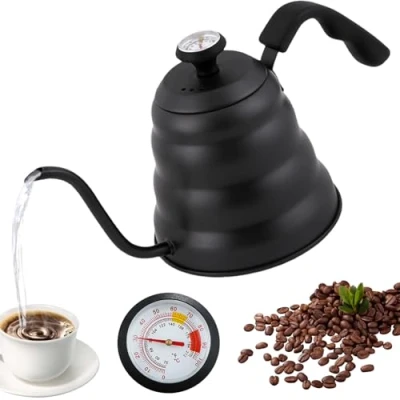 Imagen de hervidor de agua cuello cisne, 1200 ml/40 oz, acero inoxidable, con cisne termómetro para todo tipo cocinas, duradero y fácil limpiar, color negro
