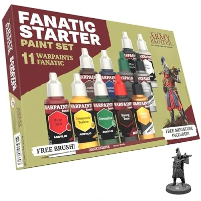 Imagen de The Army Painter, Warpaints Fanatic Starter Set, 11 x 18 ml Pinturas Acrilicas, incl. 2 metálicos, 1 Wash, Imprimación, Pincel y Miniatures Pintura Miniatura para Warhammer Figuras