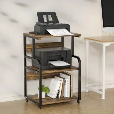 Imagen de URLINE Soporte grande para impresora con estantes de almacenamiento madera 3 niveles, organizador escritorio multiusos, impresora, escáner, fax, uso en casa y oficina ruedas (marrón