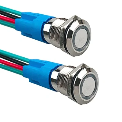 Imagen de Aiqeer 2 Piezas 12 mm Interruptores de Botón Momentáneo, 12V / 24V 3A Interruptor LED Blanco, Pulsador Metálico Impermeable, con Enchufe Precableado