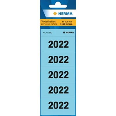 Imagen de HERMA 1682 pegatinas de número 2022 para carpetas, 100 unidades, 60 x 26 mm, 5 por hoja, autoadhesivas, opacas, etiquetas texto, mate, adhesivas papel, azules