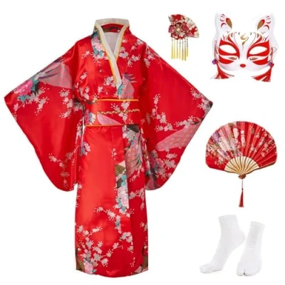 Imagen de KRUIHAN Kimono Niña Vestido Japonés Yukata Bata de Satén para Niños Fiestas Boda,Juego Disfraces Cosplay Infantil con Abanico,Calcetines Tabi,Máscara y Horquilla,Rojo,140