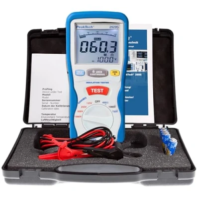 Imagen de PeakTech 2695 probador de aislamiento, calibrado, continuidad, voltímetro, circuitos, fusibles, mínimo/máximo, retención datos, TUV/GS 125V, 250V, 500V, 1000V
