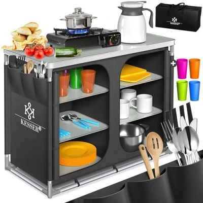 Imagen de KESSER® cocina de camping, incluye bolsa transporte y juego vasos, armario plegable, con estructura aluminio, viaje, caja cocina, para tienda