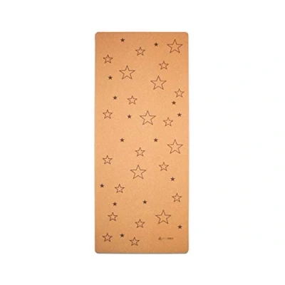 Imagen de esterilla de yoga para niños corcho y caucho con estrellas, tamaño 122 x 61 cm, libre sustancias nocivas, antideslizante, vegana sostenible, ecológica yoga, incluye bolsa
