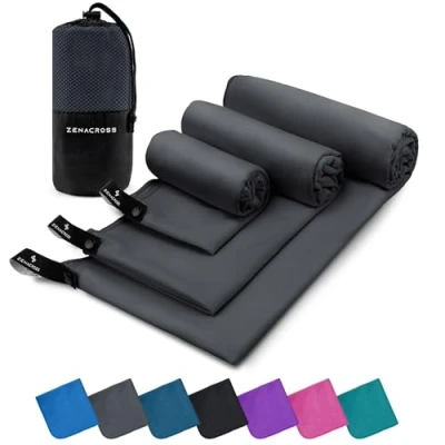 Imagen de ZENACROSS Toalla Gimnasio Juego de 3 con Bolsa Transporte Microfibra Secado Rápido y Versátil Toallas Tallas XS, S, M Gris Oscuro