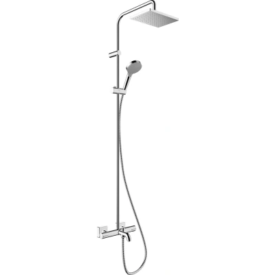 Imagen de hansgrohe Vernis Shape sistema de ducha ahorro agua (EcoSmart) con termostato para bañera, lluvia (230 x 170 mm) grifo mano, flexo, barra, fija, cromo, 26098000