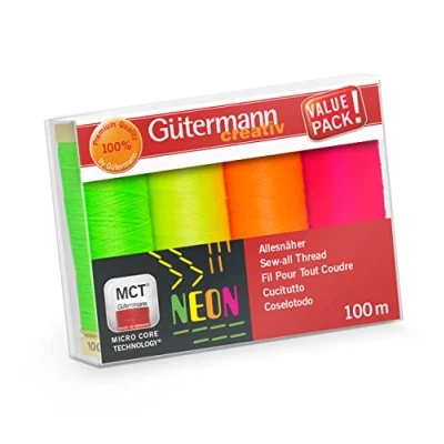 Imagen de Gutermann Creativ Coselotodo Juego de 4 bobinas 100 m, 100% poliéster, costura a mano y máquina, universal, colores neón
