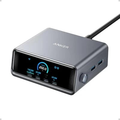 Imagen de Anker Prime Cargador USB C 250 W, Estación de Carga GaN Ultrarrápida 6 Puertos, Pantalla LCD 2,26&quot; y Dial Control Inteligente para MacBook Pro/Air, iPhone 16/15/14, Pixel, Galaxy, Apple Watch