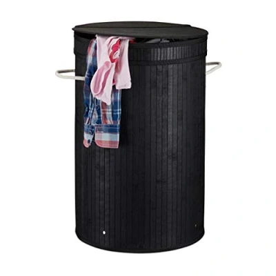 Imagen de Relaxdays Cesto Ropa Sucia con Tapa, Cubo Colada Plegable, Redondo, Bambú, 65 litros, Ø 40 cm, Negro