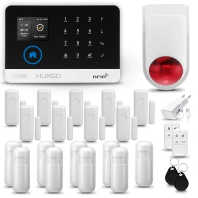 Imagen de HUXGO® HXA003 Alarma casa con Sirena Exterior WiFi + gsm Kit inalámbrico 9X sensores PIR de Movimiento, Puerta/Ventana Aplicación Tuya Aviso al móvil