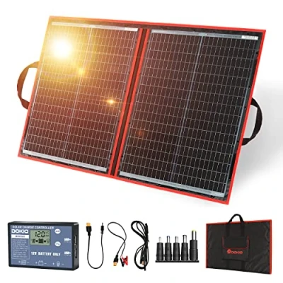 Imagen de DOKIO Panel Solar Plegable, eficiencia alta, negro, 100w monocristalino para cargar 12v Batería, PORTáTIL, impermeable,ideal embarcaciones, camping, caravanas