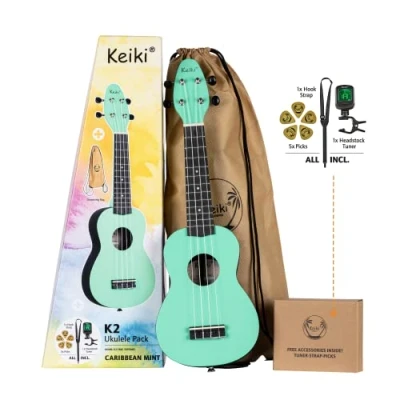 Imagen de Ortega Guitars Ukelele Soprano verde Keiki K2 Kit de inicio incluye afinador, correa, 5 púas medianas y bolsa dibujo pastel/menta caribe (K2 CBM)