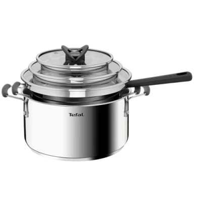 Imagen de Tefal G7376S Opti&#039;Space Juego de cacerolas (6 piezas, 16 cm (incluye tapa), 20/24 acero inoxidable, base termofusible, para todo tipo fuegos, inducción, color gris