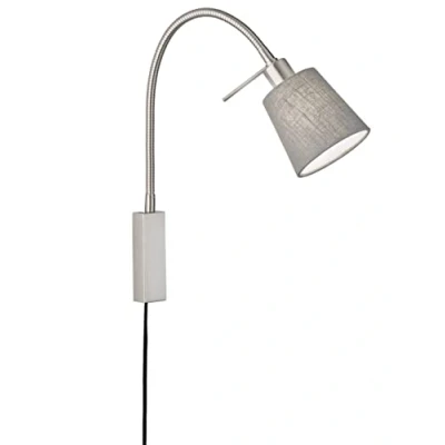 Imagen de Fischer &amp; Honsel Flex Lámpara de cama, diseño nube, color níquel mate, pantalla tela, gris y blanco interior, ancho: 11,00 cm, altura: 40,00 alcance pared: 35 con interruptor