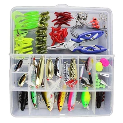Imagen de Vicloon Señuelos de Pesca, 120 Piezas Kits Pesca Accesorios Cebos Artificiales Articulos Incluido la Caja Tackle, Ganchos, Tijeras, Cebos, Popper, Grillos y más