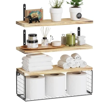 Imagen de estante de pared, Estantes Pared madera, Juego 3 Colgantes con Cesta Metal, Baldas Madera para Cocina Habitacion Baño Libros Salon