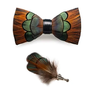 Imagen de JEMYGINS Pajarita de Plumas Cuero hecha a Mano para Fiesta Boda con caja Regalo Hombres pavo real