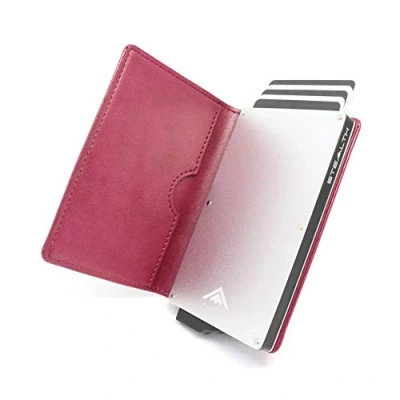 Imagen de Stealth Wallet Tarjetero Hombre con Protección RFID Cartera Pop Up y Caja de Regalo Porta Tarjetas Crédito Metal Delgado Ligero (Aluminio Plateado, Cuero Burdeos)
