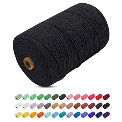 Imagen de Uiopa Hilo Macrame 3mm x 200m, Cuerda Gruesa de Algodon Natural, Cordel Colores Algodón para Manualidades, Pared, Cortinas, Colgar Plantas, Fotos (Negro)