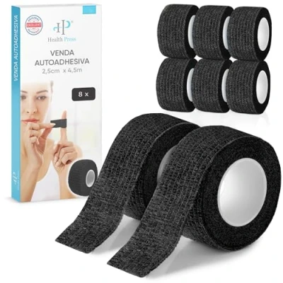 Imagen de Health Press® Venda para Dedos Auto adhesiva 8 Rollos Negro (2,5cm x 4,5m) Impermeable Vendaje Elástico de Fijación Cinta Resistente al Polvo, Grasa y Suciedad Manos
