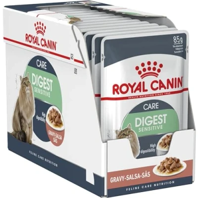 Imagen de Royal Canin Digest Sensitive Comida Húmeda 12 x 85g Alimento completo para gatos adultos Puede ayudar a reducir el olor de las heces Trozos en salsa