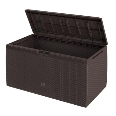 Imagen de Casaria® Arcón Jardín Exterior Baúl Almacenaje 290L con 6 Ruedas Asas Resistente Intemperie Rayos UV Caja Cojines 117x47x60cm Marrón