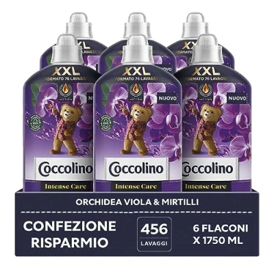 Imagen de Coccolino suavizante concentrado orquídea púrpura y arándanos, para lavadora Intense Care con tecnología Pro Fibras, formato XXL 456 lavados, 6 unidades de 1750 ml