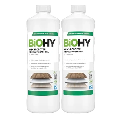Imagen de BiOHY Detergente robot de limpieza (2 botellas 1 litro) Limpiador para los suelos madera parquet y laminado Concentrado con fragancia fresca brillo sin rayas vegano (Wischroboter Holz)